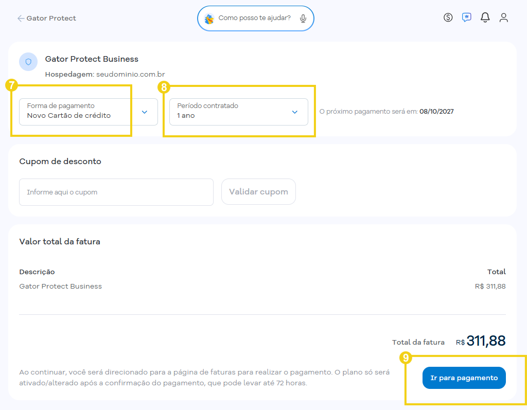 Tela de contratação do Gator Protect Business, destacando a forma de pagamento com novo cartão de crédito, o período contratado de 1 ano e o botão Ir para pagamento para concluir a contratação.