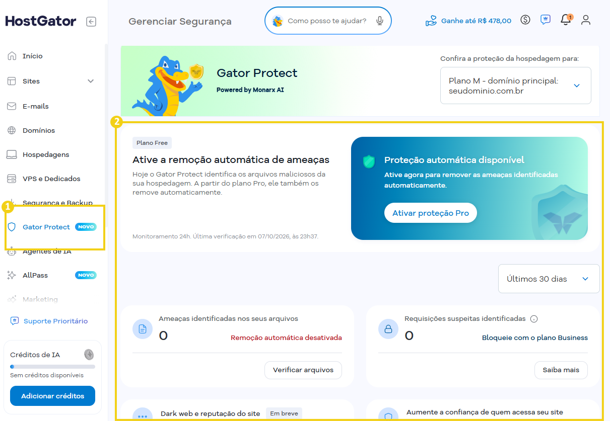 Imagem mostra a tela do Portal do Cliente onde é disponibilizado o Gator Protect