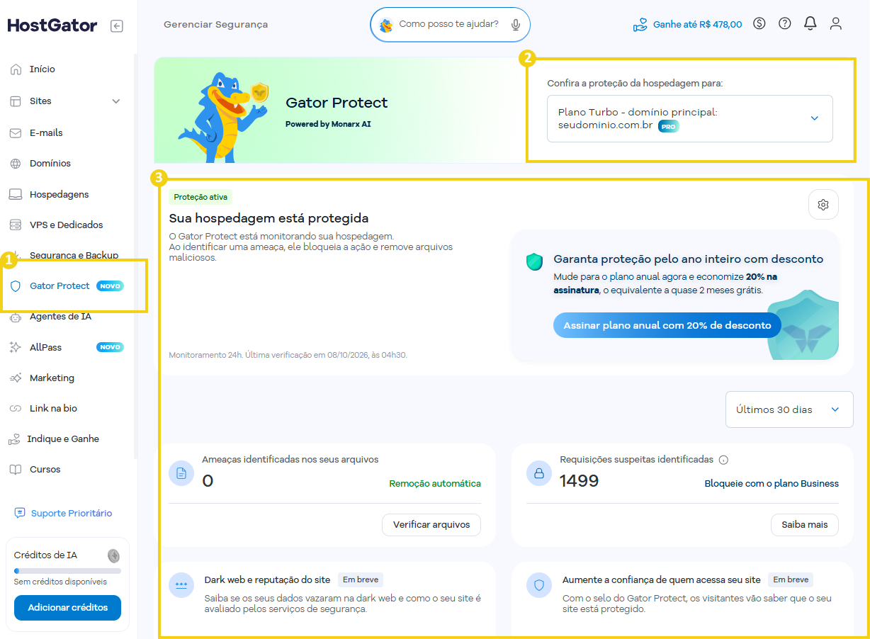 Tela do Gator Protect destacando o acesso ao produto no menu lateral, a seleção da hospedagem protegida e a área principal que informa que a hospedagem está protegida e exibe as opções e informações de segurança.