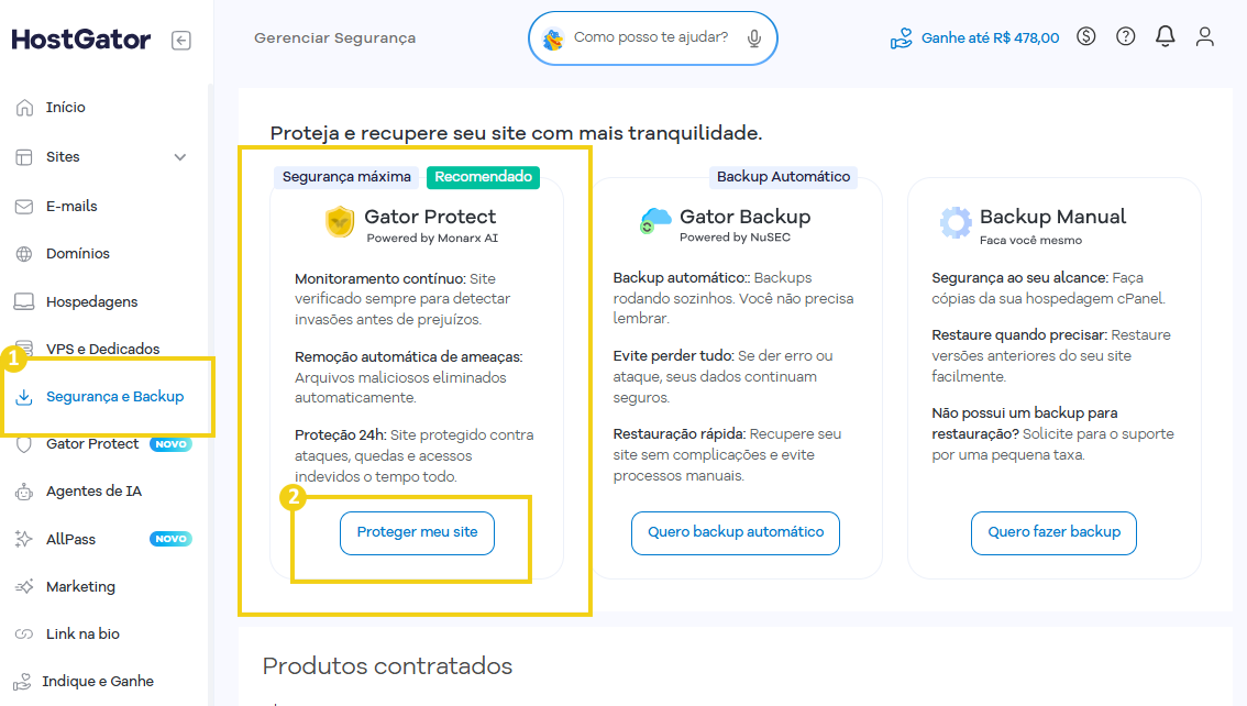 Imagem de uma tela de gerenciamento de backups e segurança do HostGator, destacando opções de segurança e backup na plataforma.