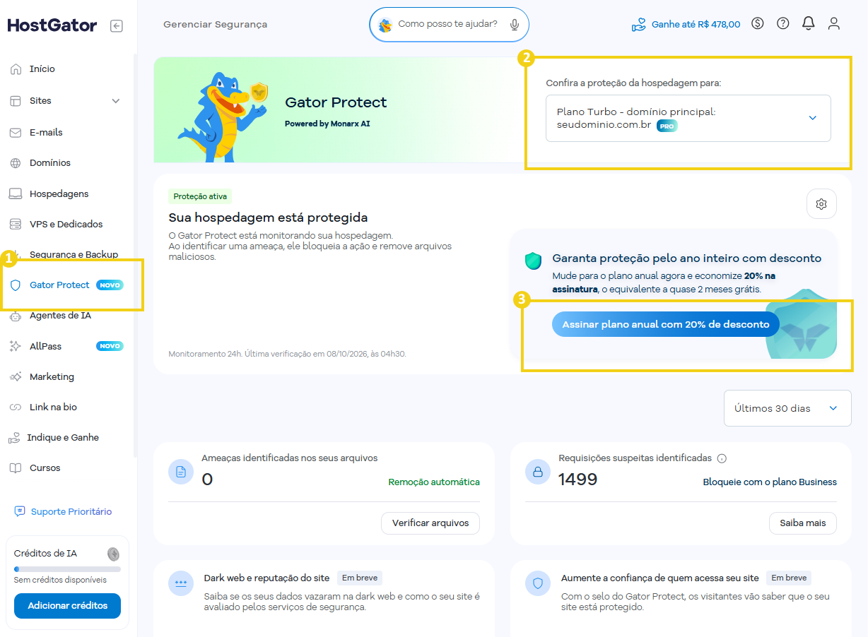 Tela do Gator Protect com três áreas destacadas: no menu lateral, a opção Gator Protect; no topo, o campo para selecionar a hospedagem protegida, exibindo o Plano Turbo e o domínio principal; e, no painel principal, o botão “Assinar plano anual
