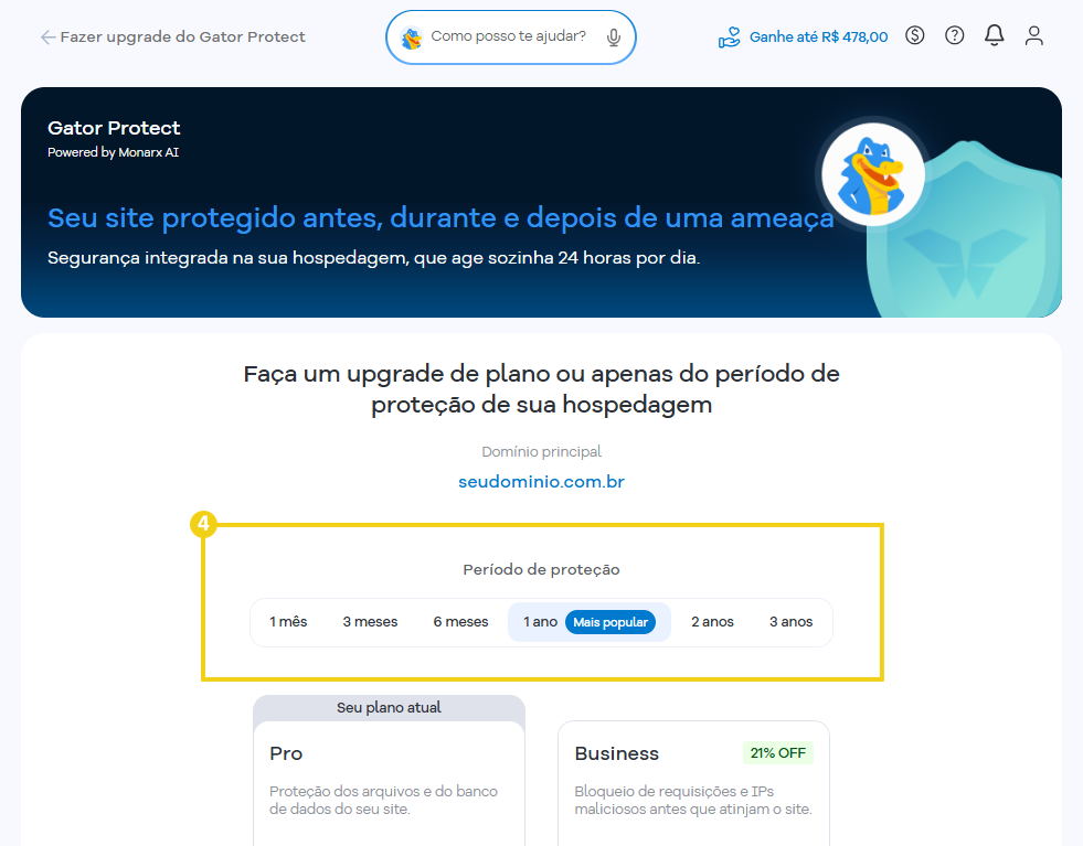 Área de seleção do período de proteção do Gator Protect, com opções de 1 mês, 3 meses, 6 meses, 1 ano, 2 anos e 3 anos. A opção de 1 ano está selecionada e identificada como “Mais popular”.