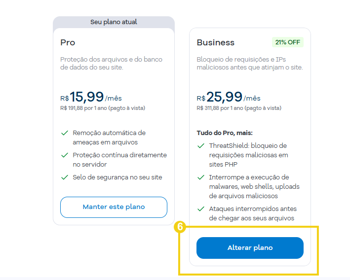 Comparação entre os planos Pro e Business do Gator Protect. O plano Business apresenta os recursos adicionais e o botão “Alterar plano” está destacado.