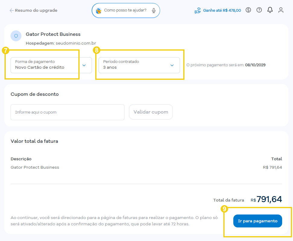 Tela de resumo do upgrade do Gator Protect Business, com destaque para a seleção da forma de pagamento “Novo Cartão de crédito”, o período contratado de 3 anos e o botão “Ir para pagamento”.