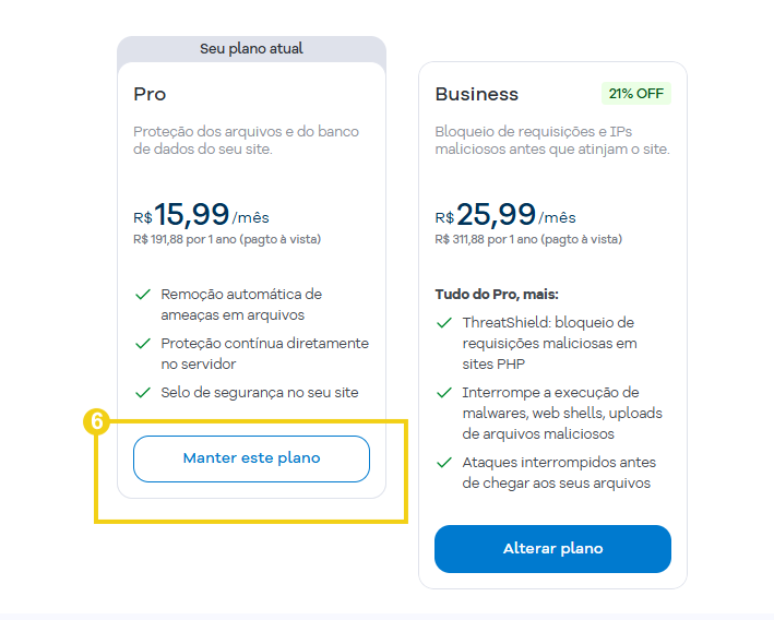 Comparação entre os planos Pro e Business do Gator Protect, com o botão “Manter este plano” destacado no plano Pro.