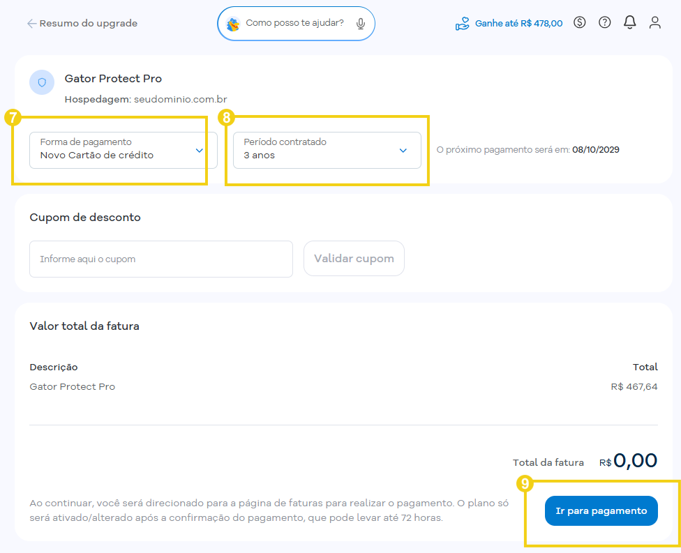 Tela de resumo do upgrade de ciclo de pagamento do Gator Protect, com destaque para a seleção da forma de pagamento “Novo Cartão de crédito”, o período contratado e o botão “Ir para pagamento”.