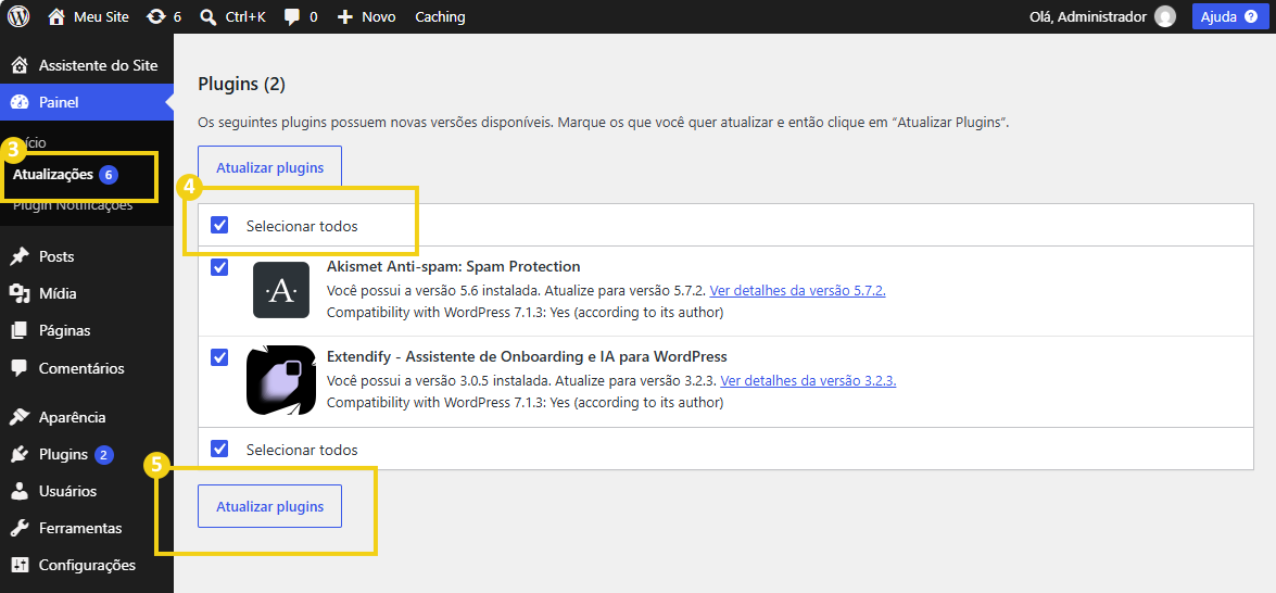 Imagem do painel do WordPress na seção Atualizações, com os plugins que possuem novas versões disponíveis, a opção Selecionar todos e o botão Atualizar plugins.
