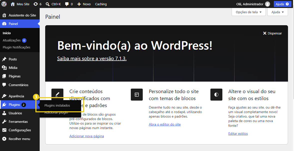 Imagem do painel do WordPress com o menu Plugins aberto e a opção Plugins instalados visível.