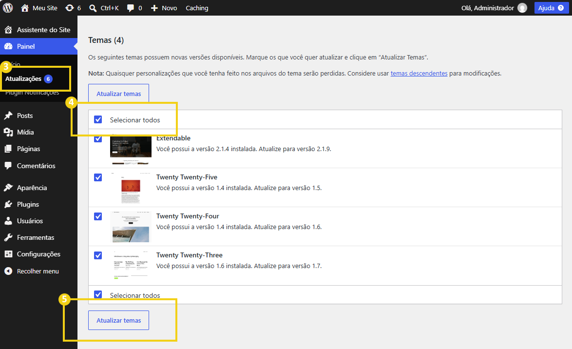 Imagem da tela de atualizações do WordPress, com a lista de temas que possuem novas versões disponíveis, a opção Selecionar todos e o botão Atualizar temas.