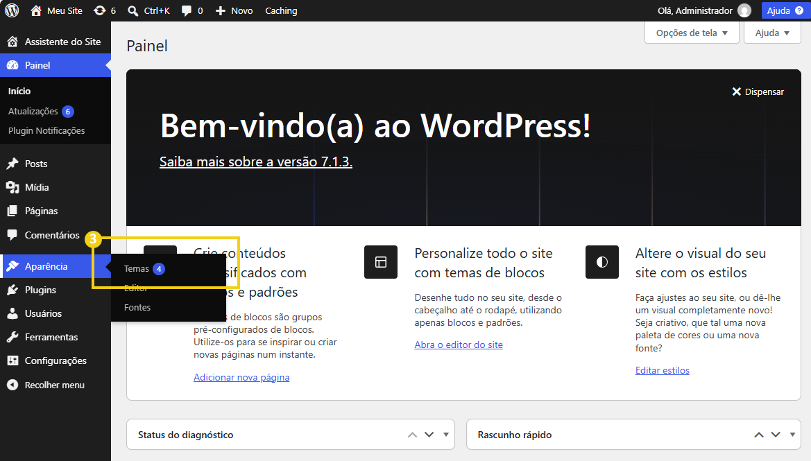 Imagem do painel do WordPress com o menu Aparência aberto e a opção Temas visível.