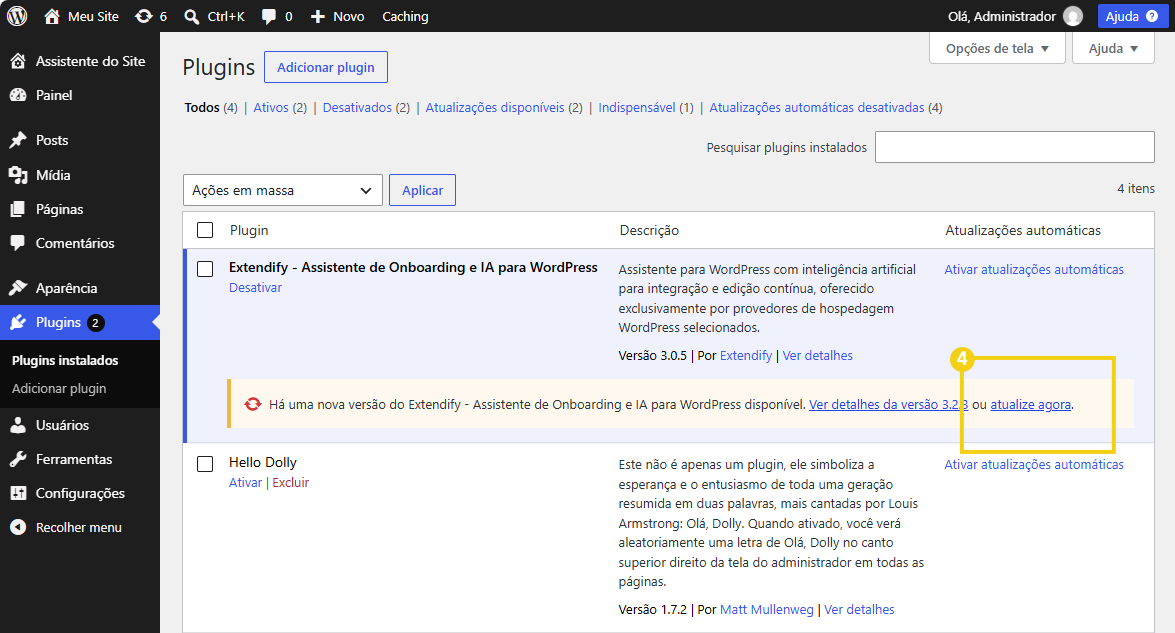 Imagem da tela Plugins do WordPress, com a lista de plugins instalados e a mensagem de atualização disponível para o plugin