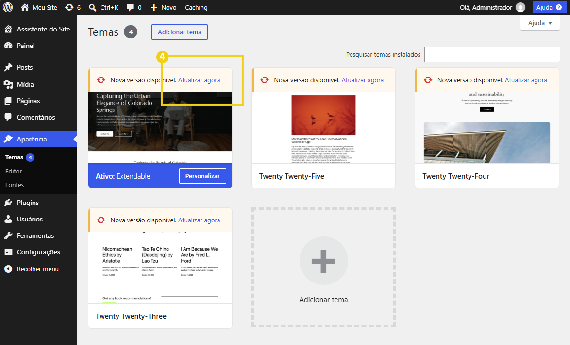 Imagem da tela Temas do WordPress, com os temas instalados e avisos de novas versões disponíveis, incluindo a opção Atualizar agora.