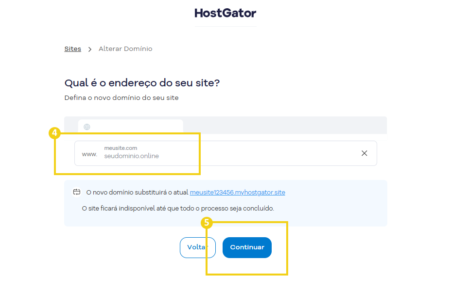 Imagem da tela Alterar Domínio da HostGator, com o campo para inserir o novo domínio e o botão Continuar