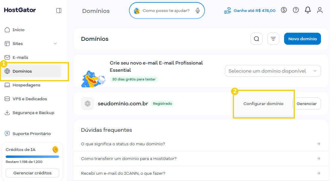 Imagem destaca menu lateral com a opção "Domínios" selecionada, seguido da opção "Configurar domínio"