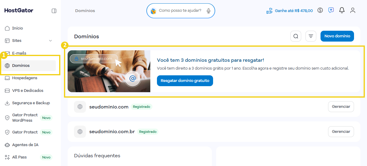 Tela de painel do HostGator promovendo criação de sites em minutos com WordPress e inteligência artificial.