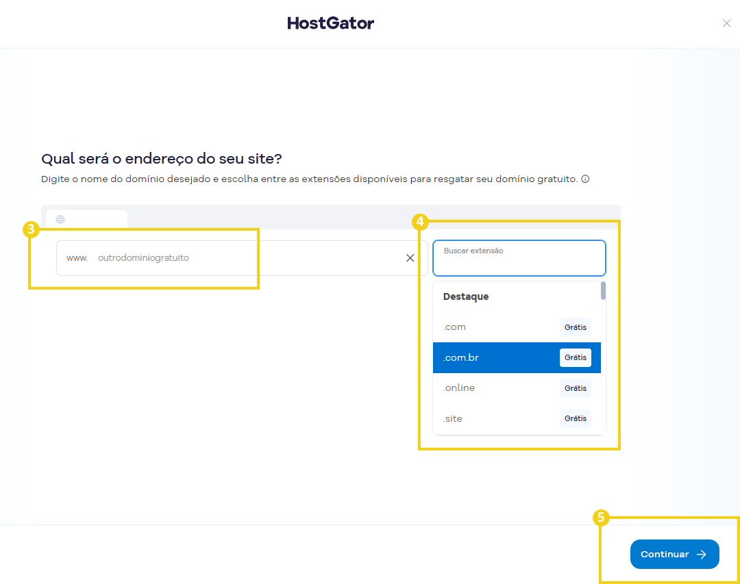 Imagem mostra o fluxo para resgate do domínio gratuito