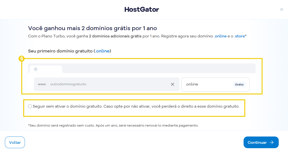 Imagem da tela para ativação de domínios adicionais gratuitos, com o campo para inserir o domínio e a opção para continuar sem ativar o domínio gratuito