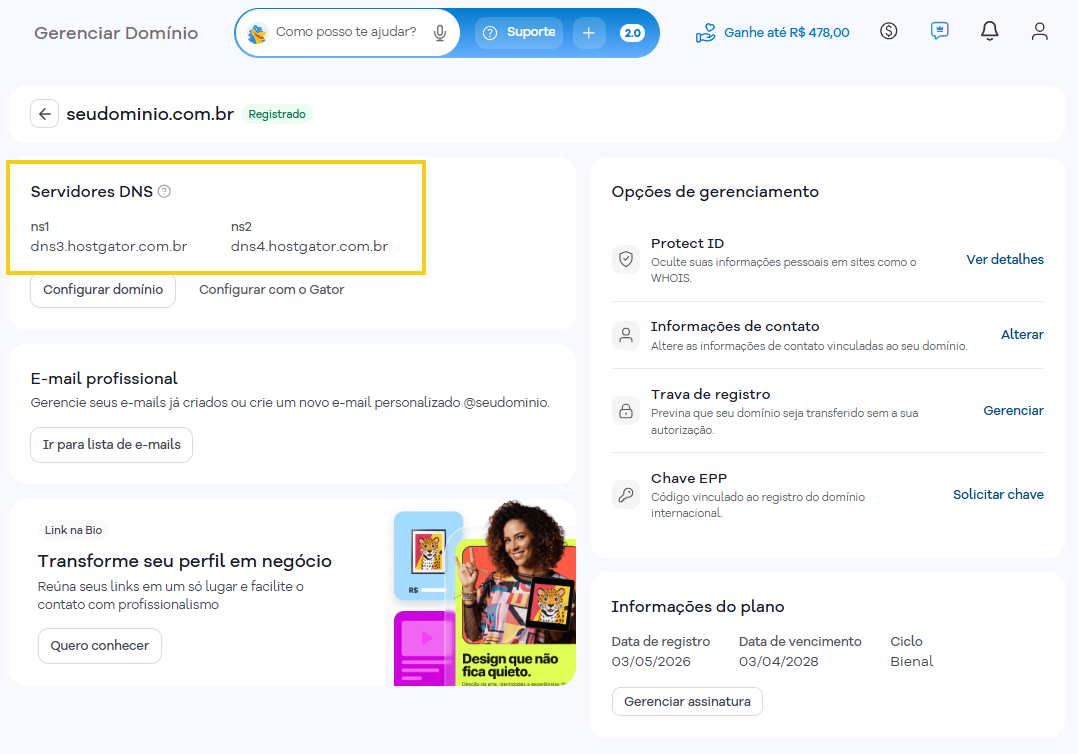 Imagem da tela de gerenciamento do domínio na HostGator, destacando os servidores DNS dns3.hostgator.com.br e dns4.hostgator.com.br