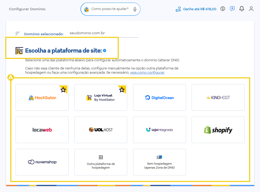 Imagem da tela de configuração do domínio, com as opções de plataformas disponíveis para direcionamento automático do DNS, incluindo HostGator, Loja Virtual, DigitalOcean, KingHost, Locaweb, UOL Host, Loja Integrada, Shopify, Nuvemshop, outra plataforma de hospedagem e configuração sem hospedagem.
