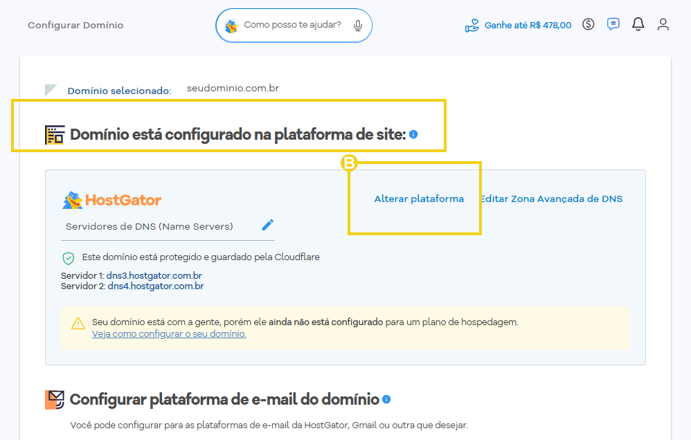 Imagem da tela de configuração do domínio na HostGator, destacando a plataforma atual e a opção Alterar plataforma para selecionar outra plataforma de hospedagem.
