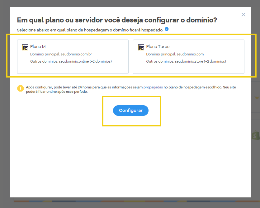 Imagem da tela de configuração do domínio, com as opções de planos de hospedagem disponíveis e o botão Configurar para confirmar a escolha do plano em que o domínio ficará hospedado.