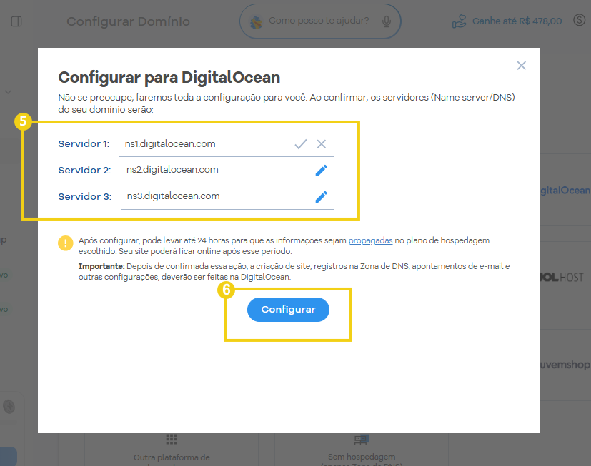 Imagem da tela de configuração do domínio para a DigitalOcean, com os campos dos servidores DNS (nameservers) e o botão Configurar para confirmar a alteração.