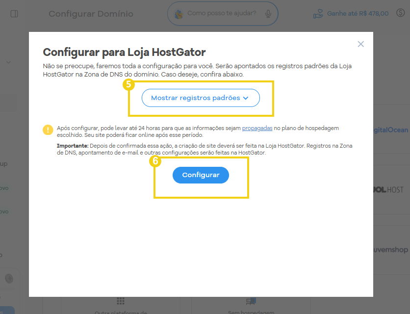 Imagem da tela de configuração do domínio para a Loja HostGator, com a opção Mostrar registros padrões para consultar os registros DNS que serão configurados e o botão Configurar para confirmar a alteração.